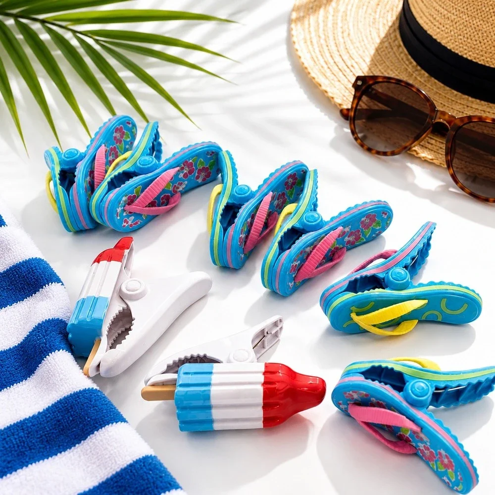 Beach Towel 8 piece Clips Flip Flop Popsicle Pool Chair Cruise Vacation Tropical